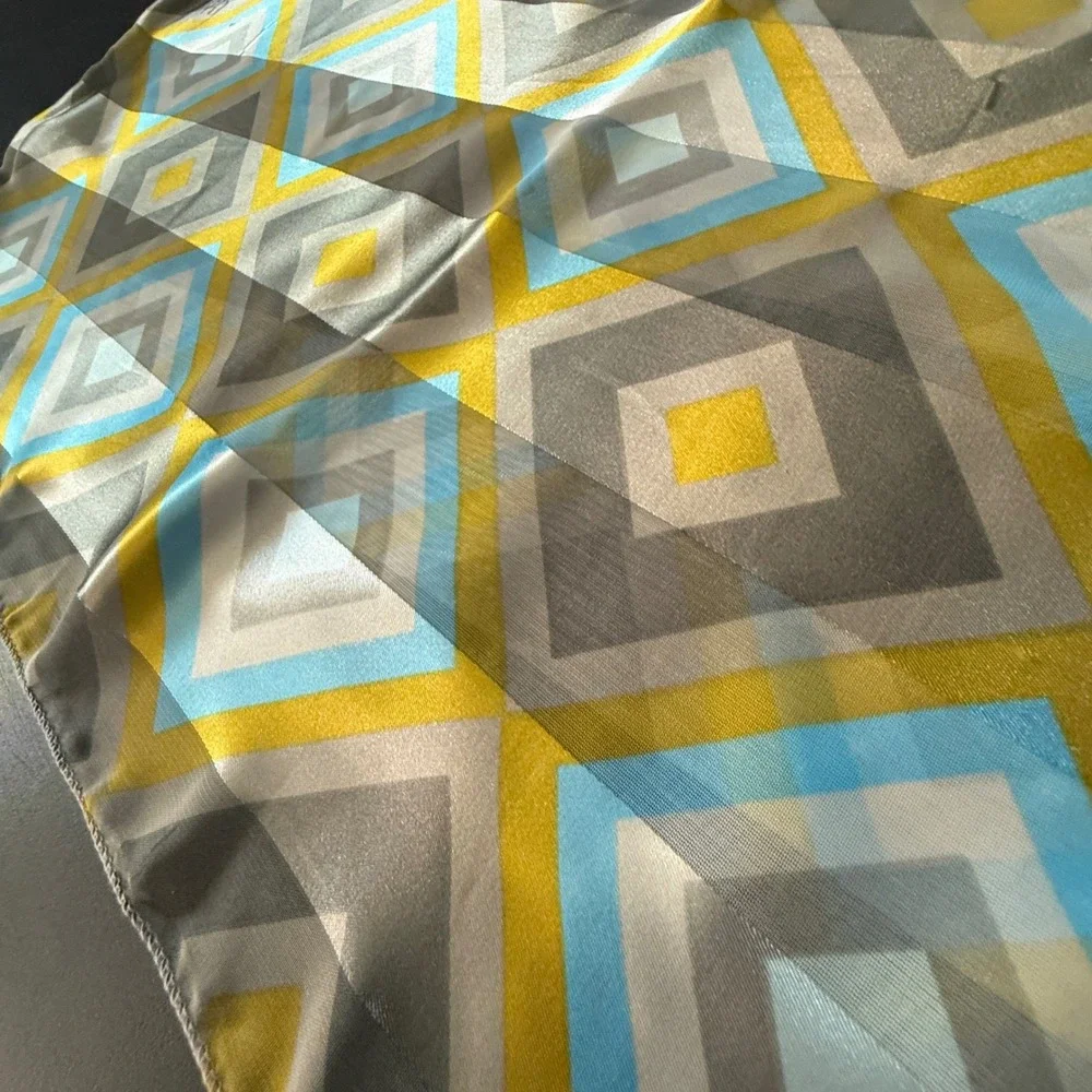 Vintage Geometric and‎ Floral Silk Scarf Set Blue Yellow Grey Rectangular